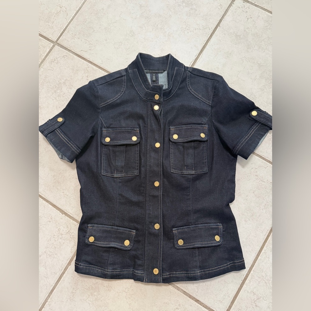 White House Black Market Denim Short Sleeve Zip Up Jacket Sz 14